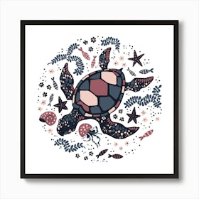 Turtle Surrounded By Marine Plants And Animals Art Print