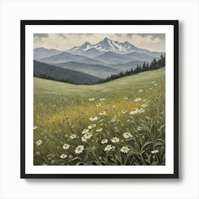 vintage oil painting of wild flowers in a meadow, mountains in the background 4 Art Print