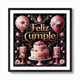 Feliz cumple and Feliz cumpleaños sign means Happy Birthday in Spanish language, Birthday party celebration gift with birthday cake candle colorful balloons best congratulation over light background wall artFeliz Cumple 42 Art Print