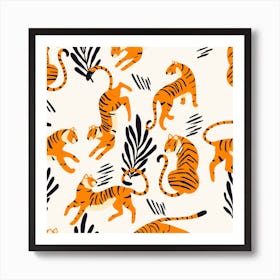 White Tiger Pattern With Floral Decoration On White Square Art Print