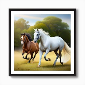 Two Horses Running In A Field Art Print