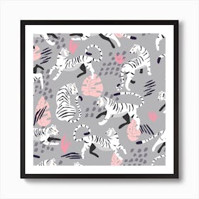 White Tiger Pattern On Gray With Pink Decoration Square Art Print