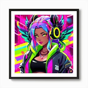 Neon Girl With Headphones 2 Art Print