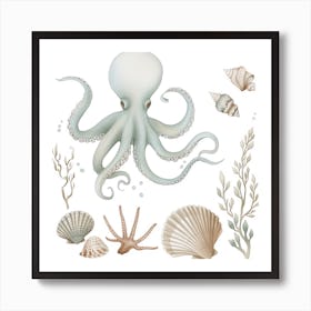 Blue Storybook Style Octopus Surrounded By Shells 1 Art Print