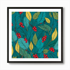 Seamless Pattern With Red Berries And Leaves 1 Affiche