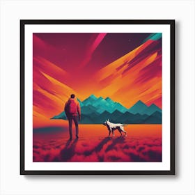 An Image Of A Dog Walking Through An Orange And Yellow Colored Landscape, In The Style Of Dark Teal (4) Art Print