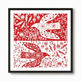 Peace Doves And Flowers Red Art Print