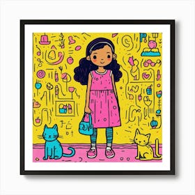 Little Girl With Cats Affiche