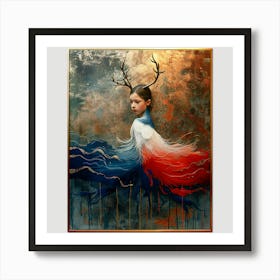 Girl With Deer Antlers Art Print