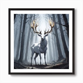 A White Stag In A Fog Forest In Minimalist Style Square Composition 75 Art Print