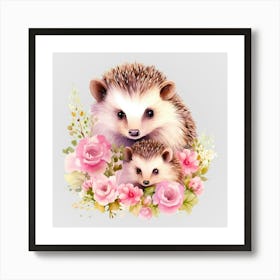 Watercolor Spring Mama And Baby Hedgehogs Art Print