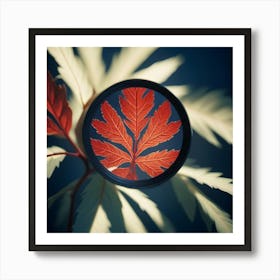 A Camera Lens Magnifies A Single Red Leaf Against A Backdrop Of Pale Green And Yellow Leaves Art Print