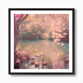 Pink Ducks In A Pond Art Print