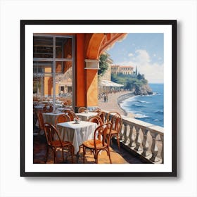 Oil Painting Of A Cafe In Italy With Ocean View 1 Art Print