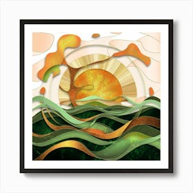 Straight and broken flowing lines and tree shapes, gold, sage, in the form of a tropical ocean. 8 Art Print