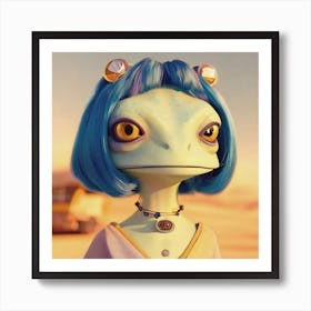 Retro Futuristic Frog in Desert Pastel Blue and Yellow Art Print