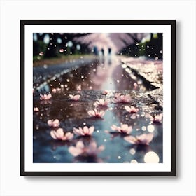 Raindrops and Fallen Cherry Blossom Art Print