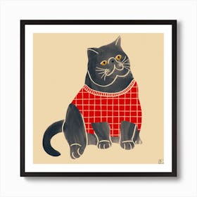 Cat With Red Sweater Square Art Print