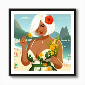 Rio De Janeiro Beautiful Woman with Short White Hair, Dress and Flowers Art Print