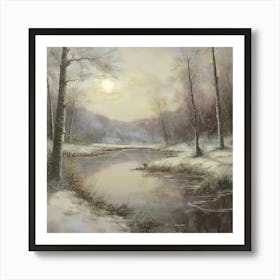 Ancient landscapes, old winter oil paintings and rocks around the lake bank. Snow is falling on the lake, old colors.8 Art Print