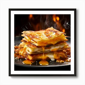 Lasagna On A Black Plate With Fire Art Print