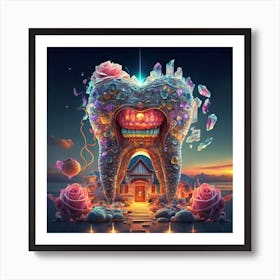 , a house in the shape of giant teeth made of crystal with neon lights and various flowers Art Print