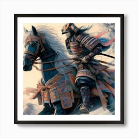 Traditional Samurai On His Decorated Horse Color Drawing Art Print