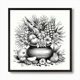 Ink Drawing Of Fruits In A Pot Art Print