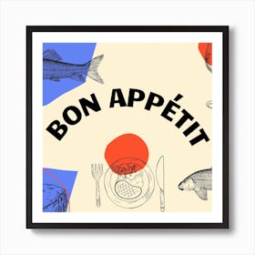 Bon Appetit Kitchen Poster Retro Drawing Art Print