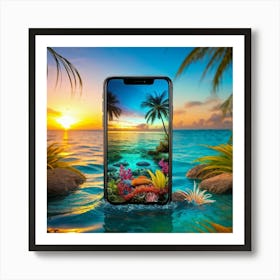 Smartphone Transforming Into A Vibrant Aquatic Creature Among Palm Trees And Wildflowers At Sunrise Art Print