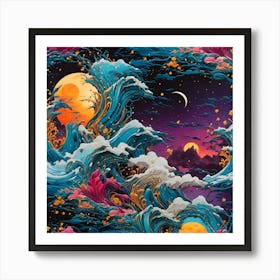 Moon And Waves Art Print