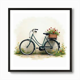 Classic Bike With An Old Stone Wall And Flowers Watercolor 1 Art Print