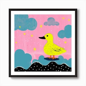 Duckling Under The Stars Linocut Style 2 Art Print