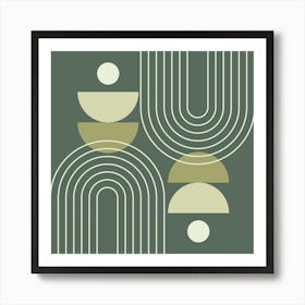 Modern Mid Century Sun, Moon Phases and Rainbow Abstract 19 in Forest Sage Green Art Print