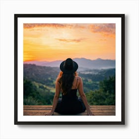 Woman In Black Hat Sitting Alone On A Wooden Balcony Overlooking A Hill Dotted Landscape Trees Al (1) Art Print