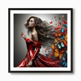 Beautiful Woman In Red Dress With Butterflies Art Print