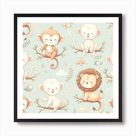 Seamless Pattern With Cute Monkeys Art Print