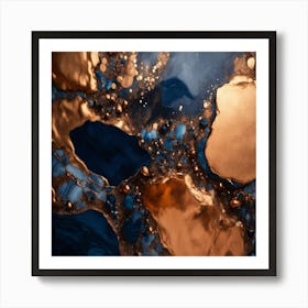 Dark Blue And Copper Marble  Abstract Liquid Paint Art Print