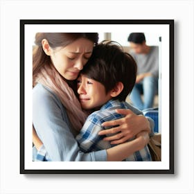 Woman Hugging Boy At Airport Art Print