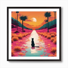 An Image Of A Cat Walking Through An Orange And Yellow Colored Landscape, In The Style Of Dark Teal (3) Art Print