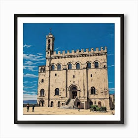 Palazzo dei Consoli (Palace of the Consuls) in Gubbio. A beautifully preserved medieval-style building with intricate stonework and arched windows under a vibrant blue sky. Its towering presence, complete with a clock tower, dominates a sunlit square where visitors stroll and admire the architecture. The scene captures the charm and history of a European town center. 3 Art Print