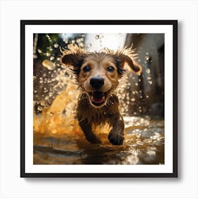 Dog Running In Water Art Print