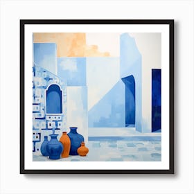 Abstract Contemporary Art Print - Orange & Blue Pots Art Print