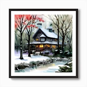 Winter House In The Woods Watercolor Landscape Art Print
