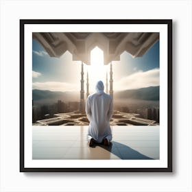 A 3d Dslr Photography Muslim Wearing Futuristic Digital Suit , Praying Towards Makkah Standing Tall Award Winning Photography From The Year 8045(3) Poster