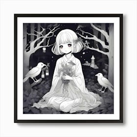 Manga Girl With Birds In The Forest Art Print