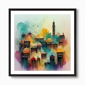Islamic City, Abstract Watercolor City Art Print