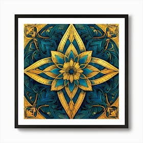 Intricate Geometric Pattern , Blue And Gold Flower Art Print