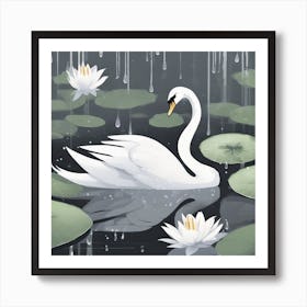 Swan In The Rain Art Print