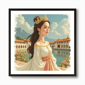 Graceful Empress With Watercolor Serene Palace 1 Art Print